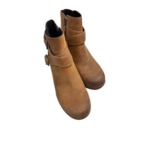 Sorel Joan of Arctic Leather Wedge 2 Buckle Zip Tan Ankle Boots Women's Size 8.5